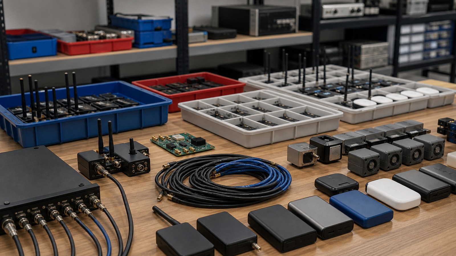Organized data collection workbench with wireless sensors, cables, and storage drives