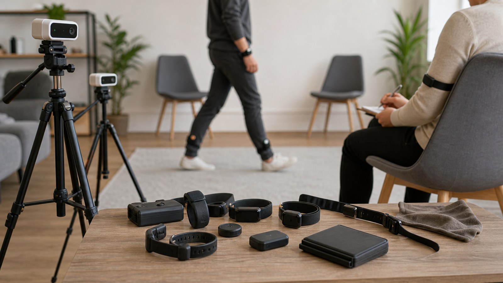 Privacy-conscious research studio with motion sensors and wearable bands representing behavioral signals
