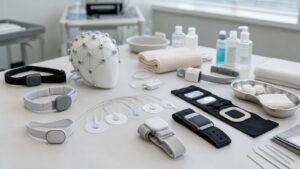 Clinical research table with wearable biosensor bands and electrode pads