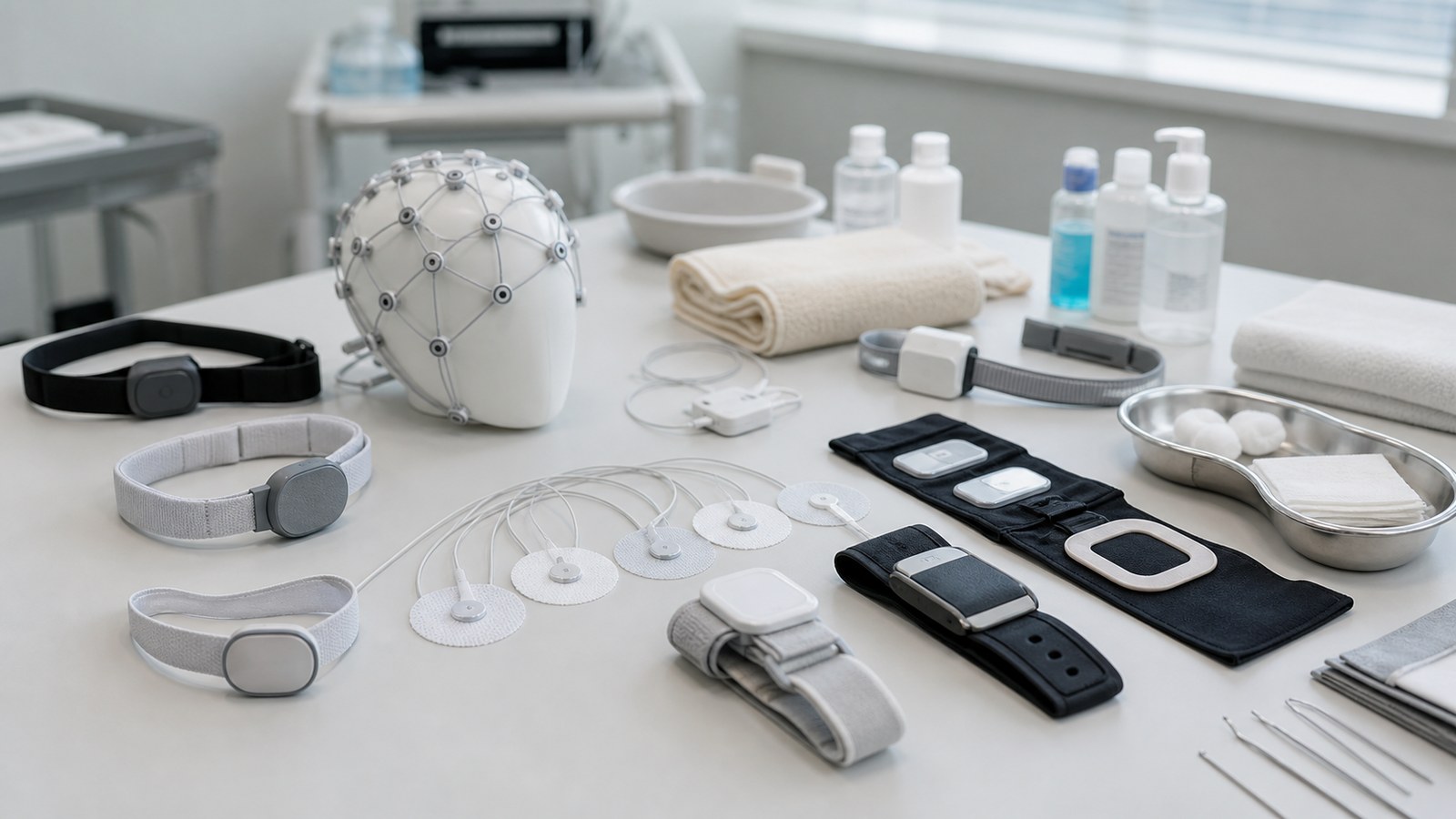 Clinical research table with wearable biosensor bands and electrode pads