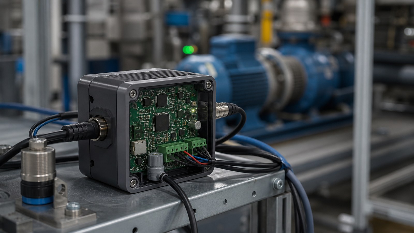 Factory shelf with compact edge AI sensor device and embedded hardware