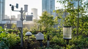 Outdoor environmental monitoring station with weather, air, and soil sensors