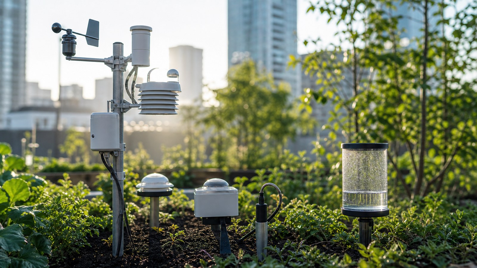Outdoor environmental monitoring station with weather, air, and soil sensors