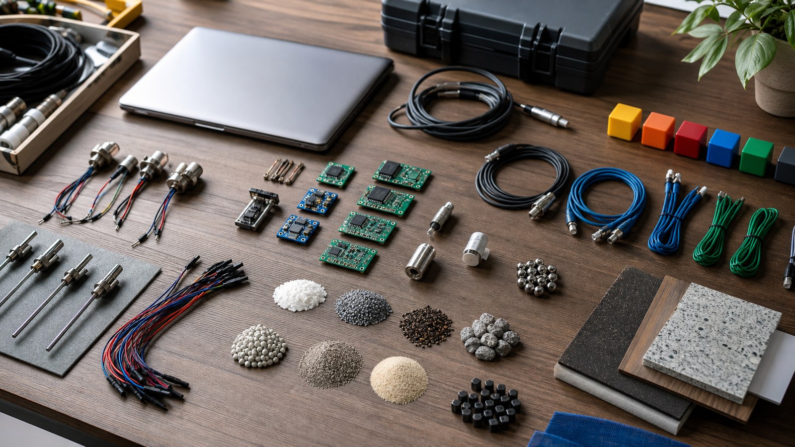 Organized AI signal lab desk with sensors and grouped components representing feature engineering