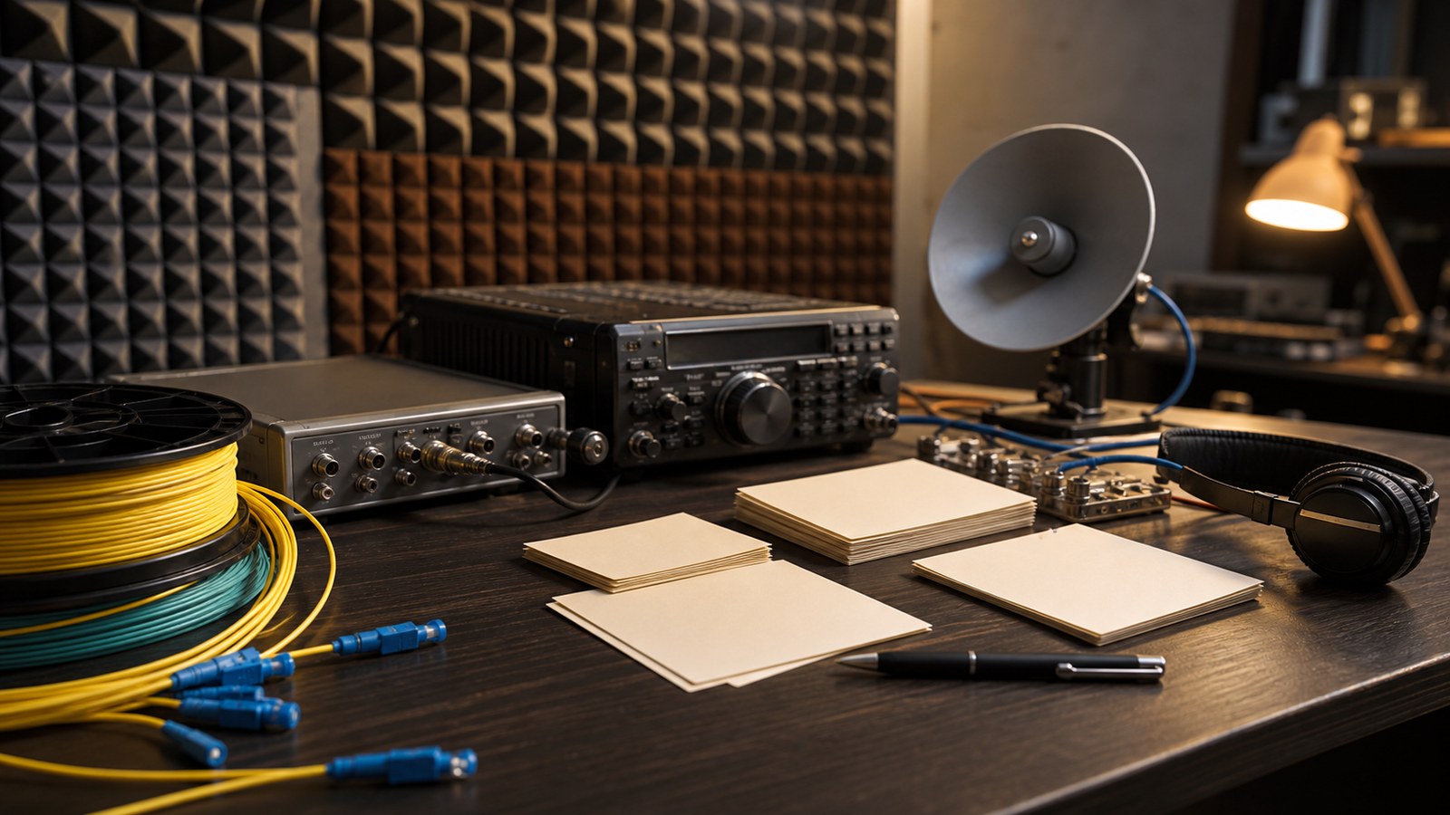 Communications workspace with cables and receiver equipment representing messages through noise