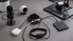 AI sensing table with microphone, camera module, wearable, environmental sensor, and tactile pad