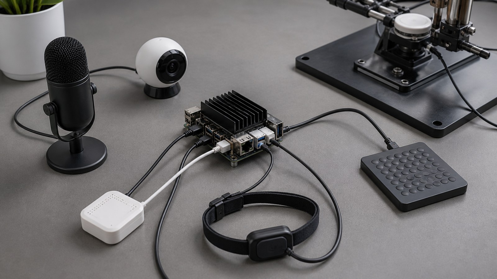 AI sensing table with microphone, camera module, wearable, environmental sensor, and tactile pad