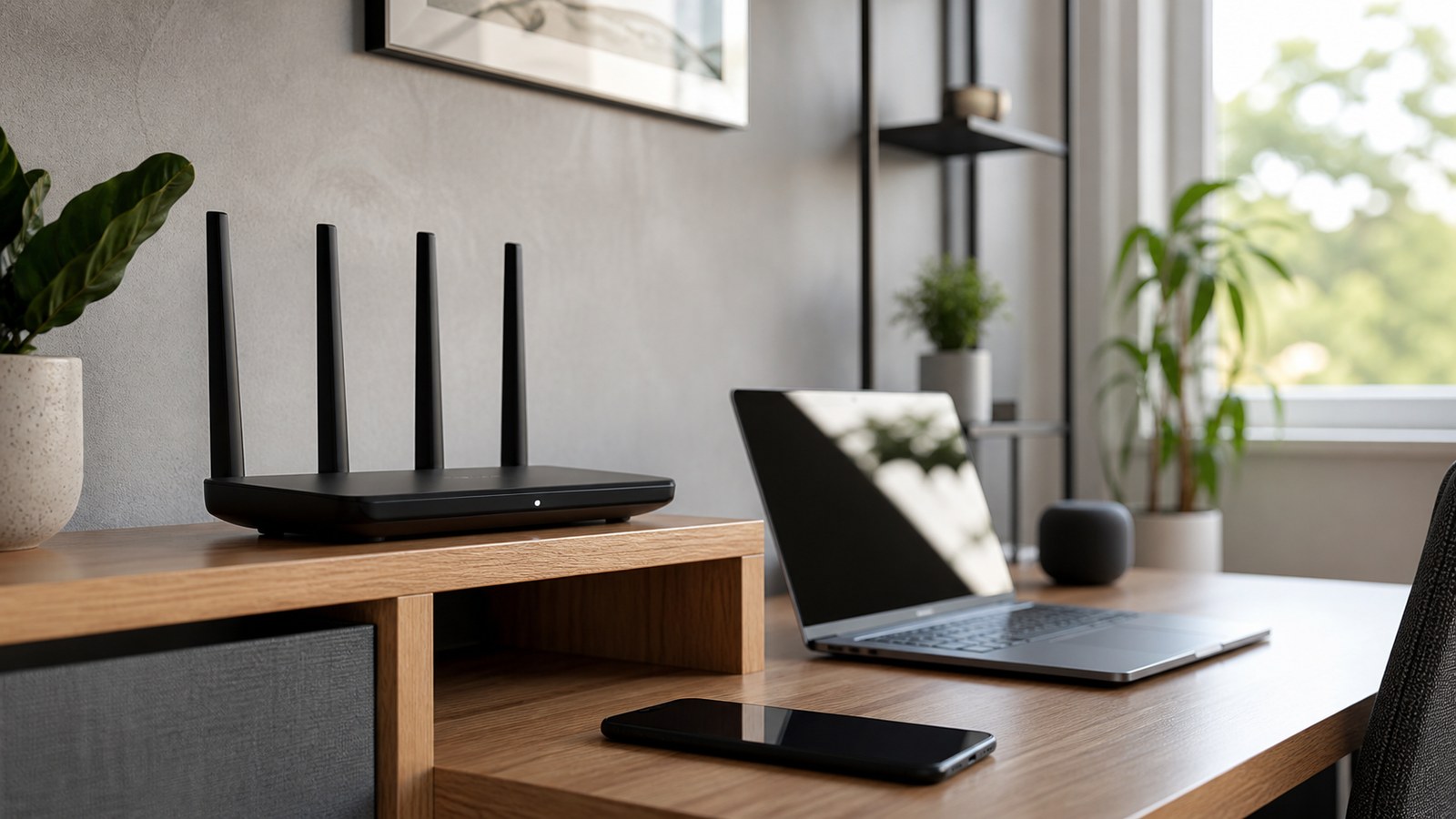 Modern home technology setup with router and devices suggesting cleaner wireless performance