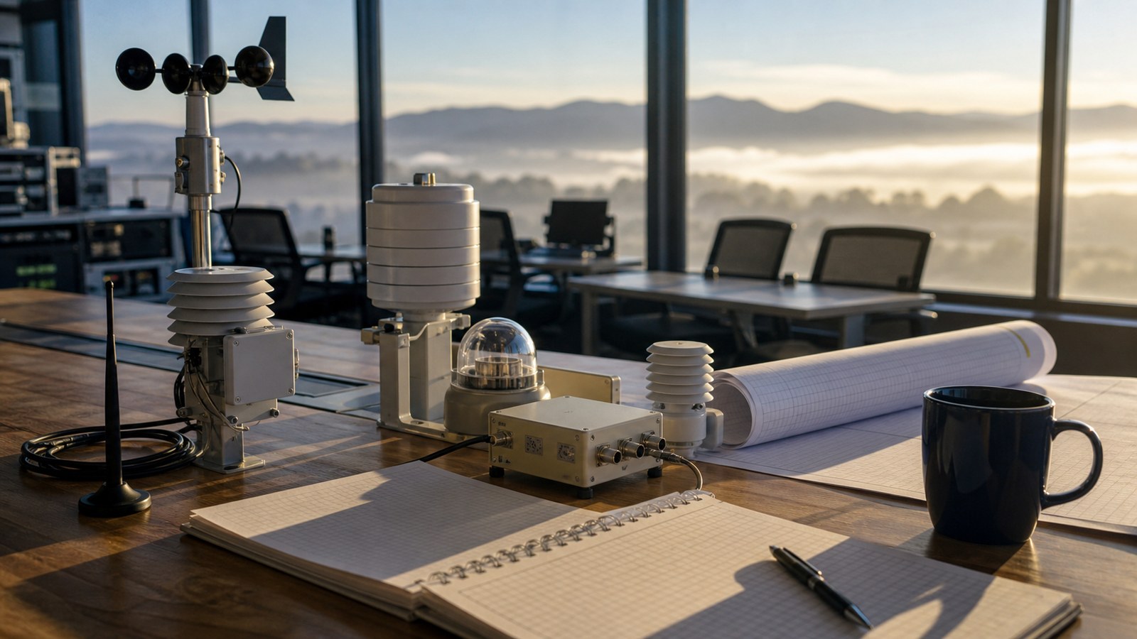 Operations table with sensor equipment representing predictive modeling from signals