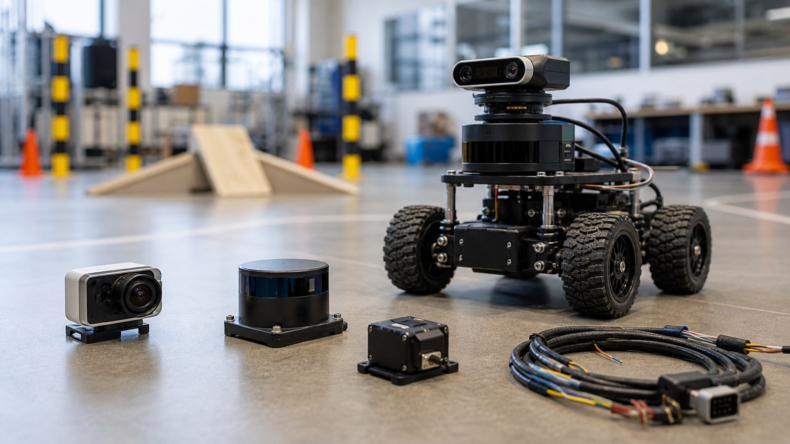 Robotics test area with multiple sensor modules representing AI sensor fusion