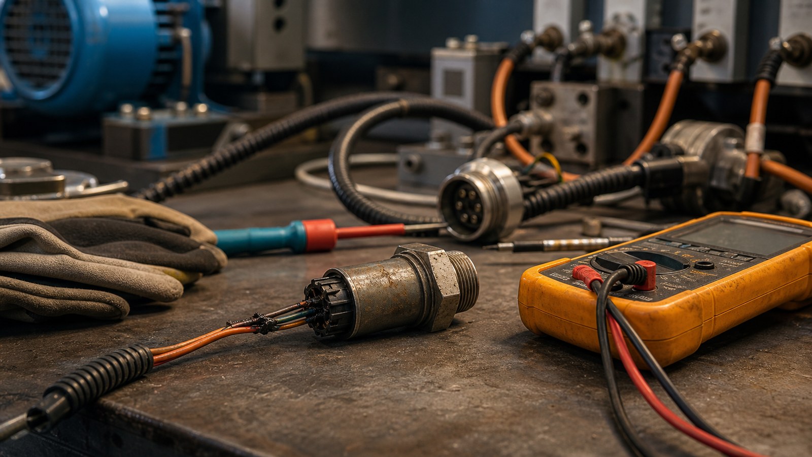 Industrial maintenance bench with sensor module and inspection tools representing anomaly detection