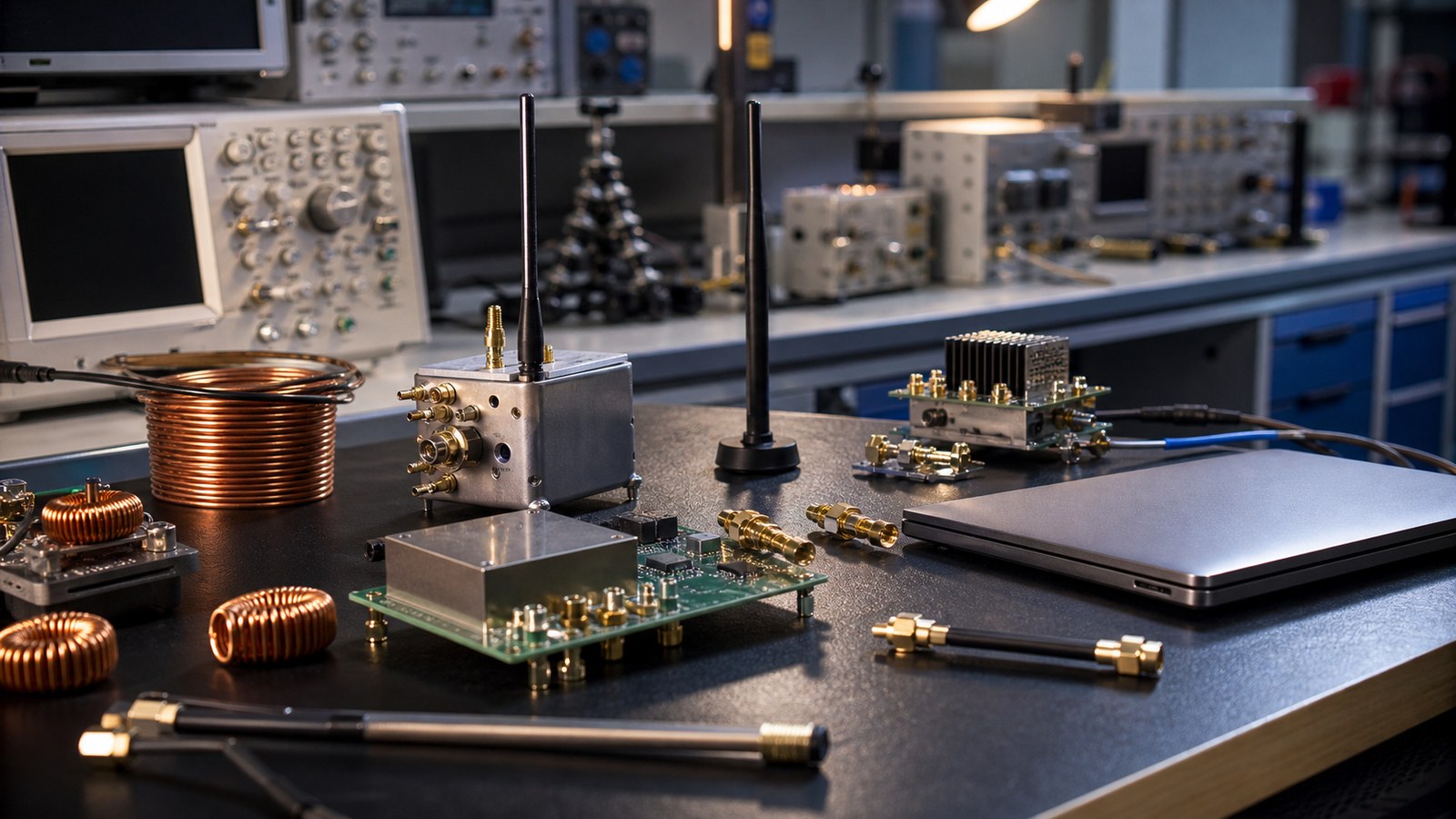 Editorial technology scene representing signal transformations in wireless and electrical signal analysis