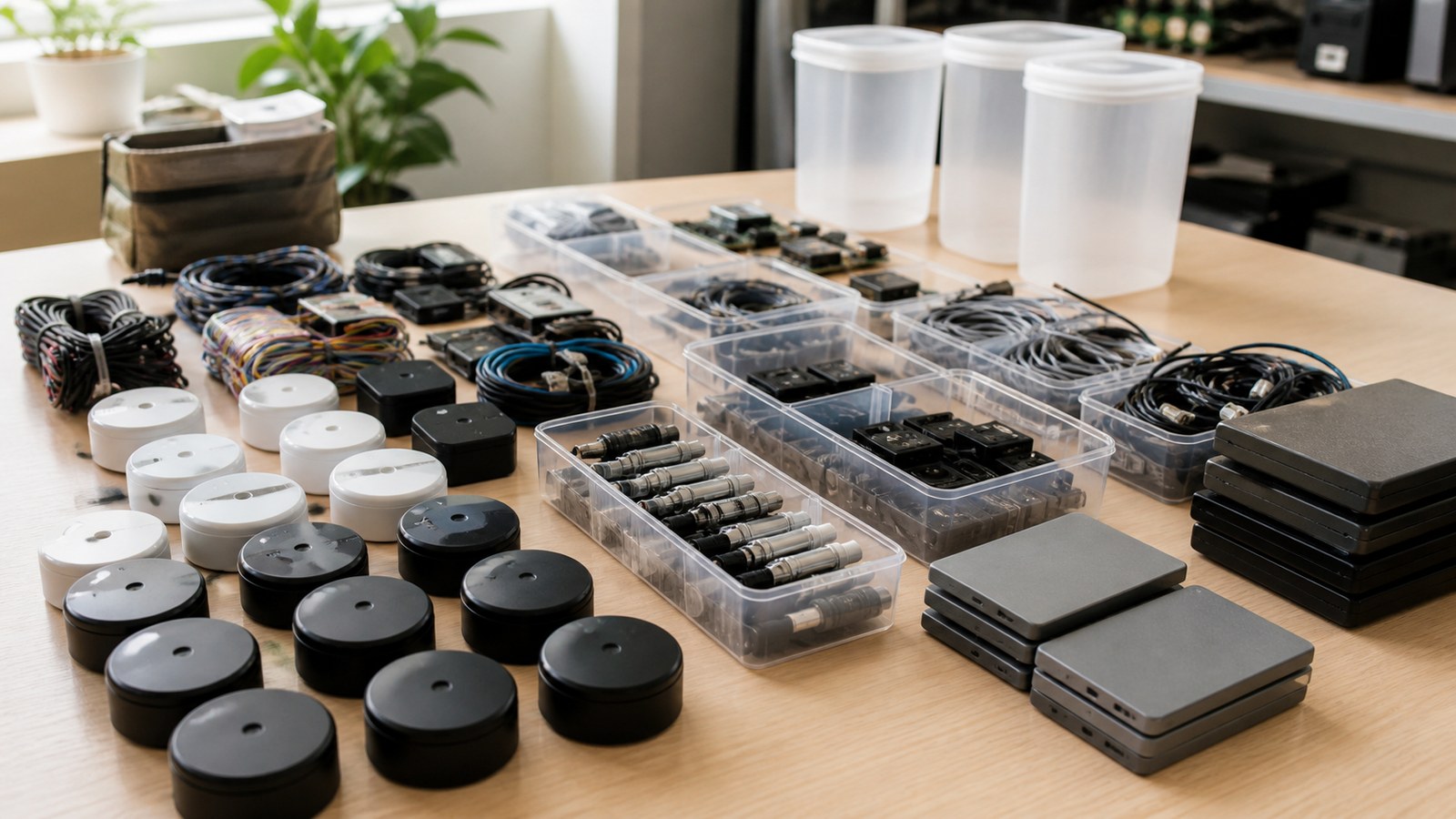 Beginner signal dataset preparation table with sensor pucks, drives, and organized hardware