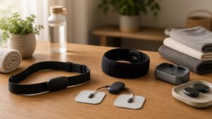 Wellness research workspace with wearable heart strap and body sensor equipment
