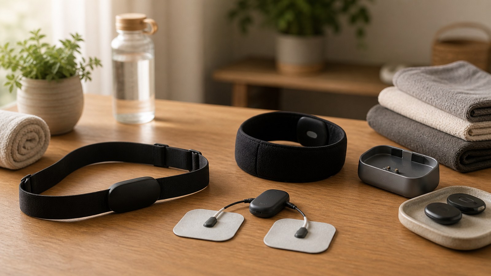 Wellness research workspace with wearable heart strap and body sensor equipment