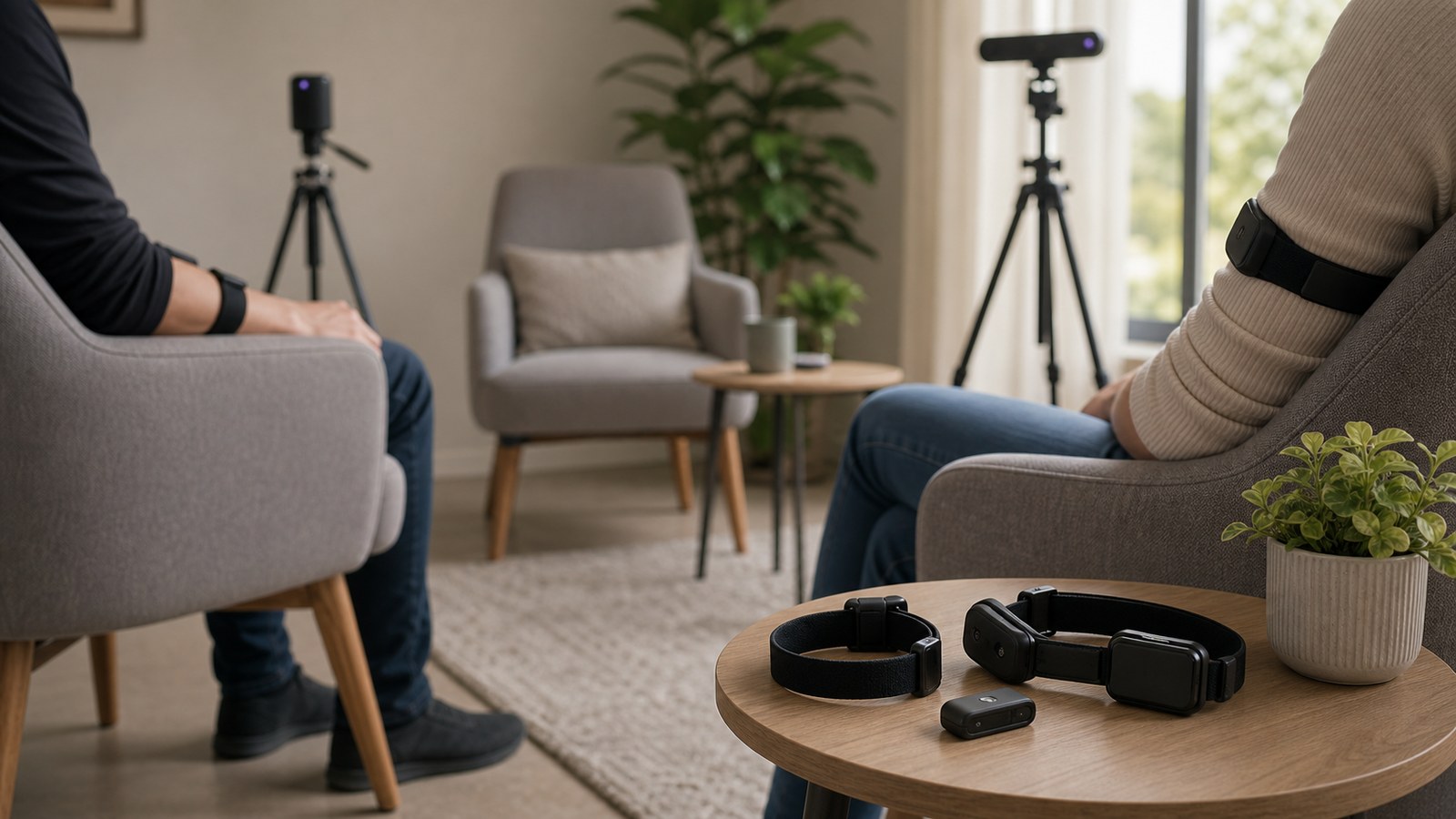 Consent-based research room with wearable bands representing ethical emotion signal analysis