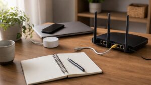Home network troubleshooting table with router and one unusual cable representing a signal anomaly