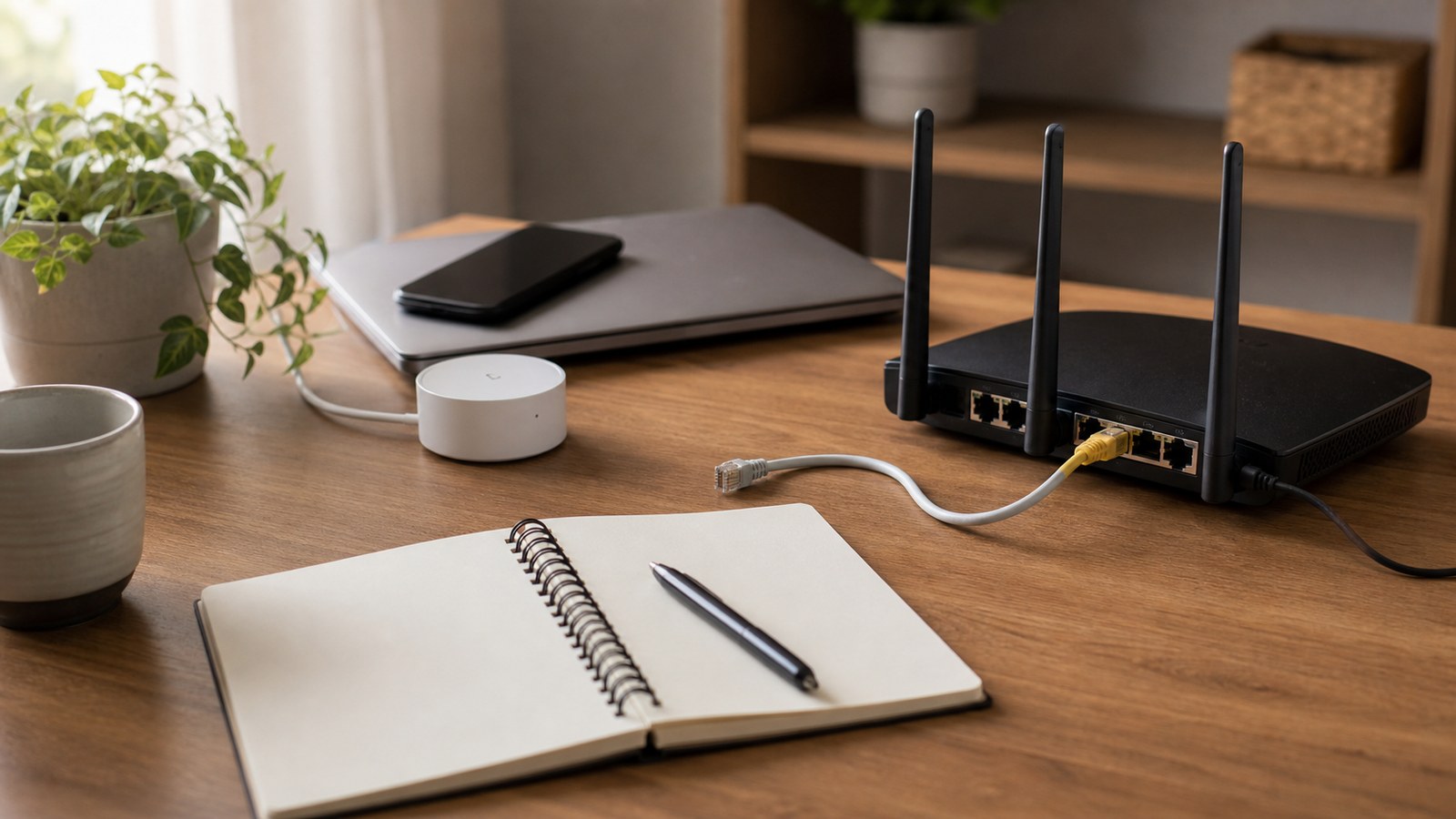 Home network troubleshooting table with router and one unusual cable representing a signal anomaly