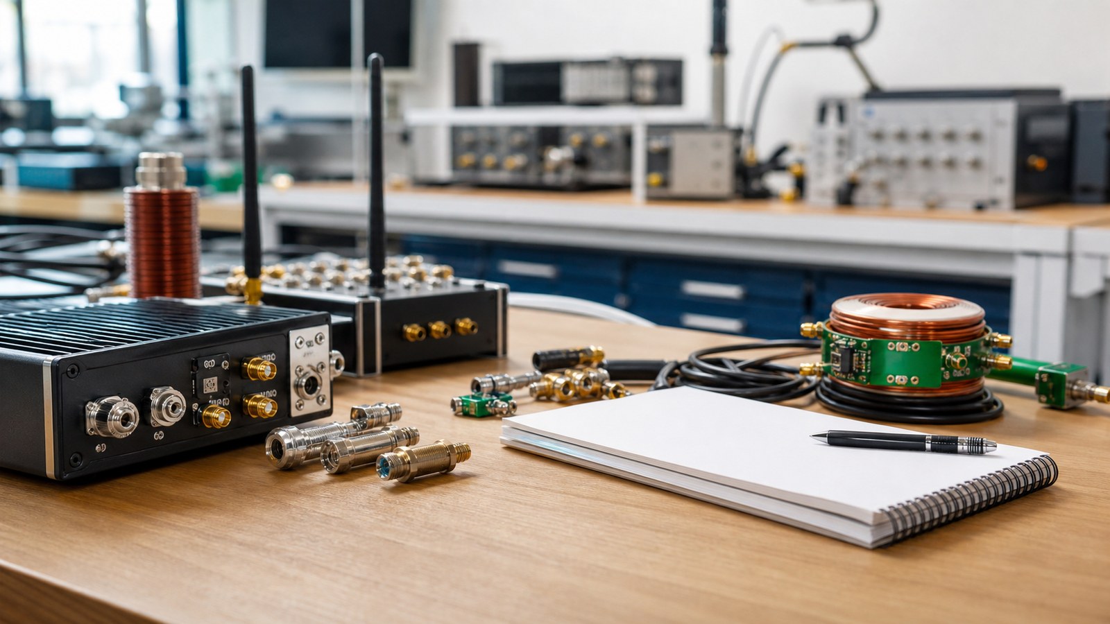Electronics lab bench with RF components and antenna parts representing FFT signal analysis