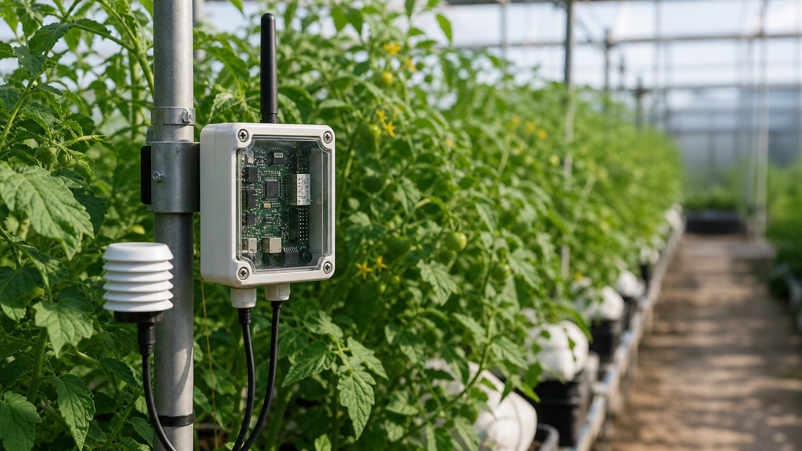 Greenhouse edge AI sensor device with plants and local processing hardware