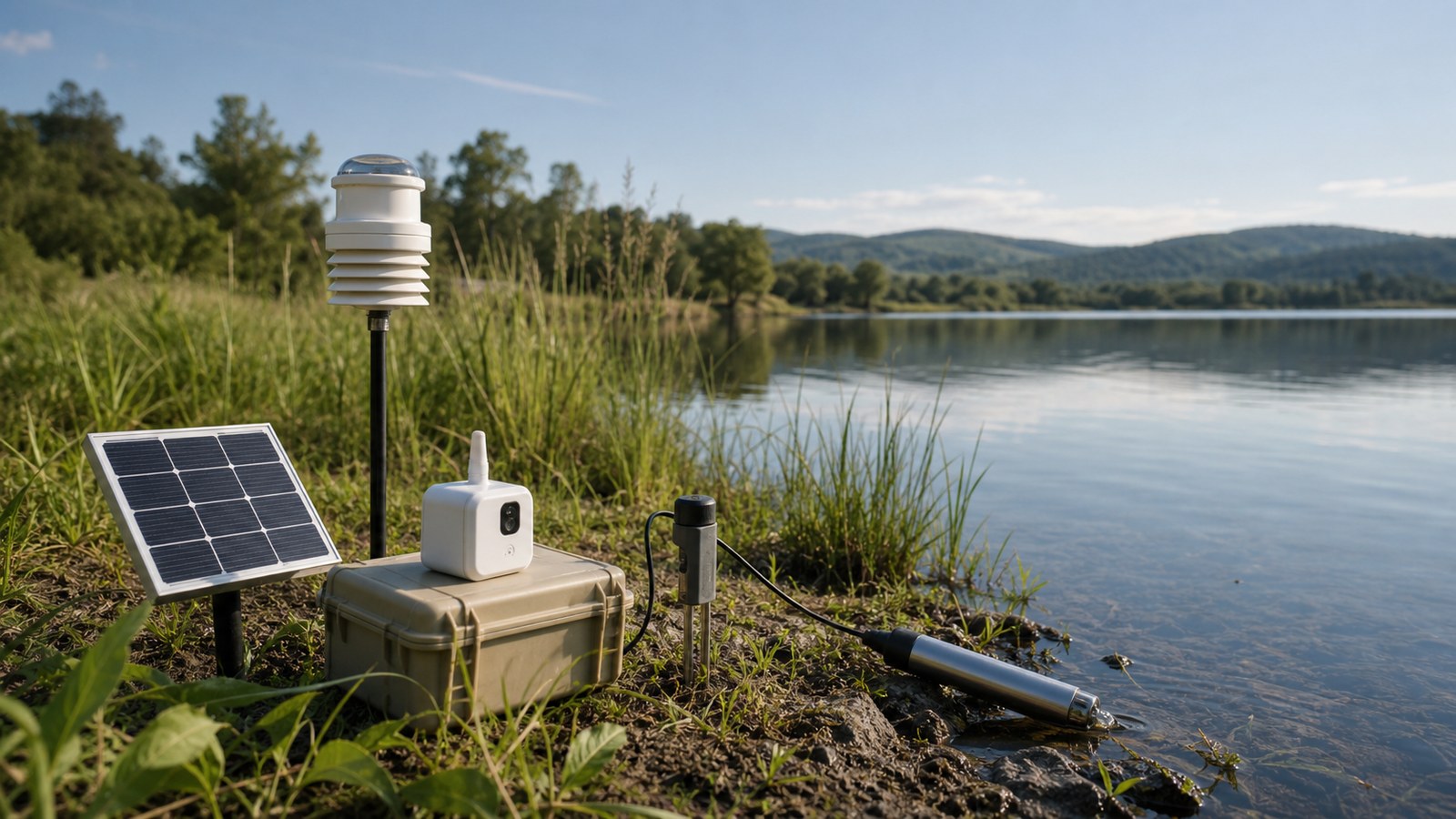 Lakeside environmental sensing kit with water, soil, and air sensors