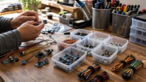 Beginner electronics workbench with sensors and grouped cables representing signal feature engineering