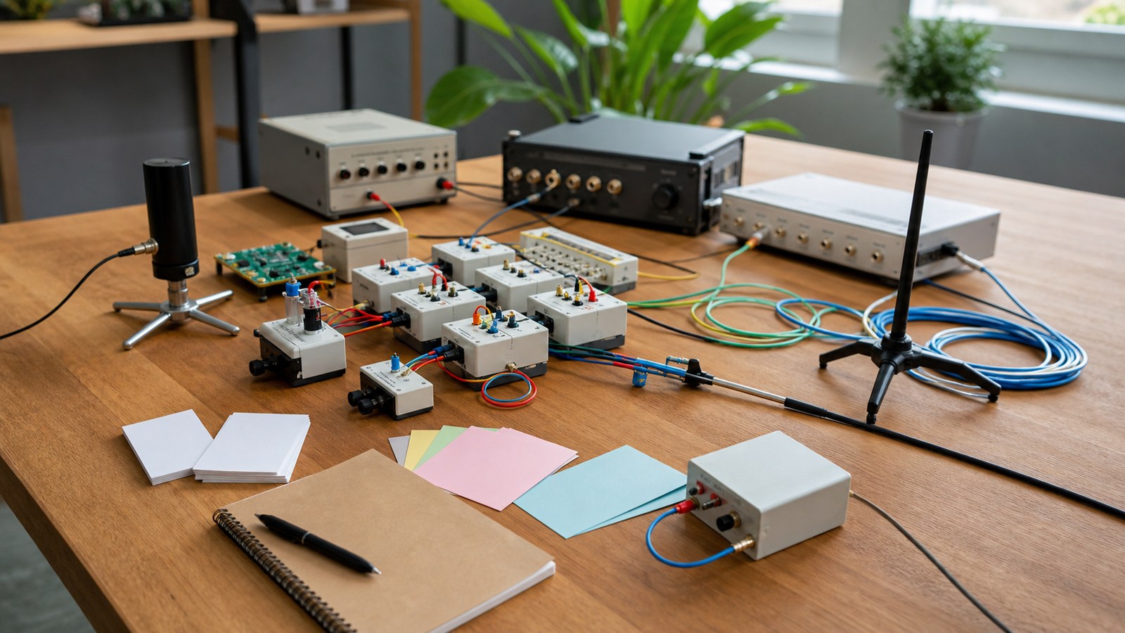 Beginner signal lab table with wireless antenna and modular devices for information theory