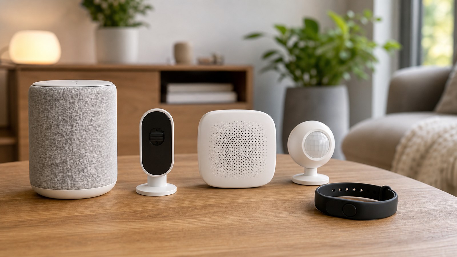 Smart home test corner with speaker, privacy-covered camera, air sensor, motion sensor, and wearable