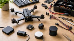 Drone navigation test bench with separate sensor modules representing sensor fusion