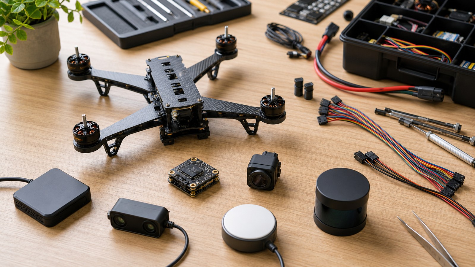 Drone navigation test bench with separate sensor modules representing sensor fusion