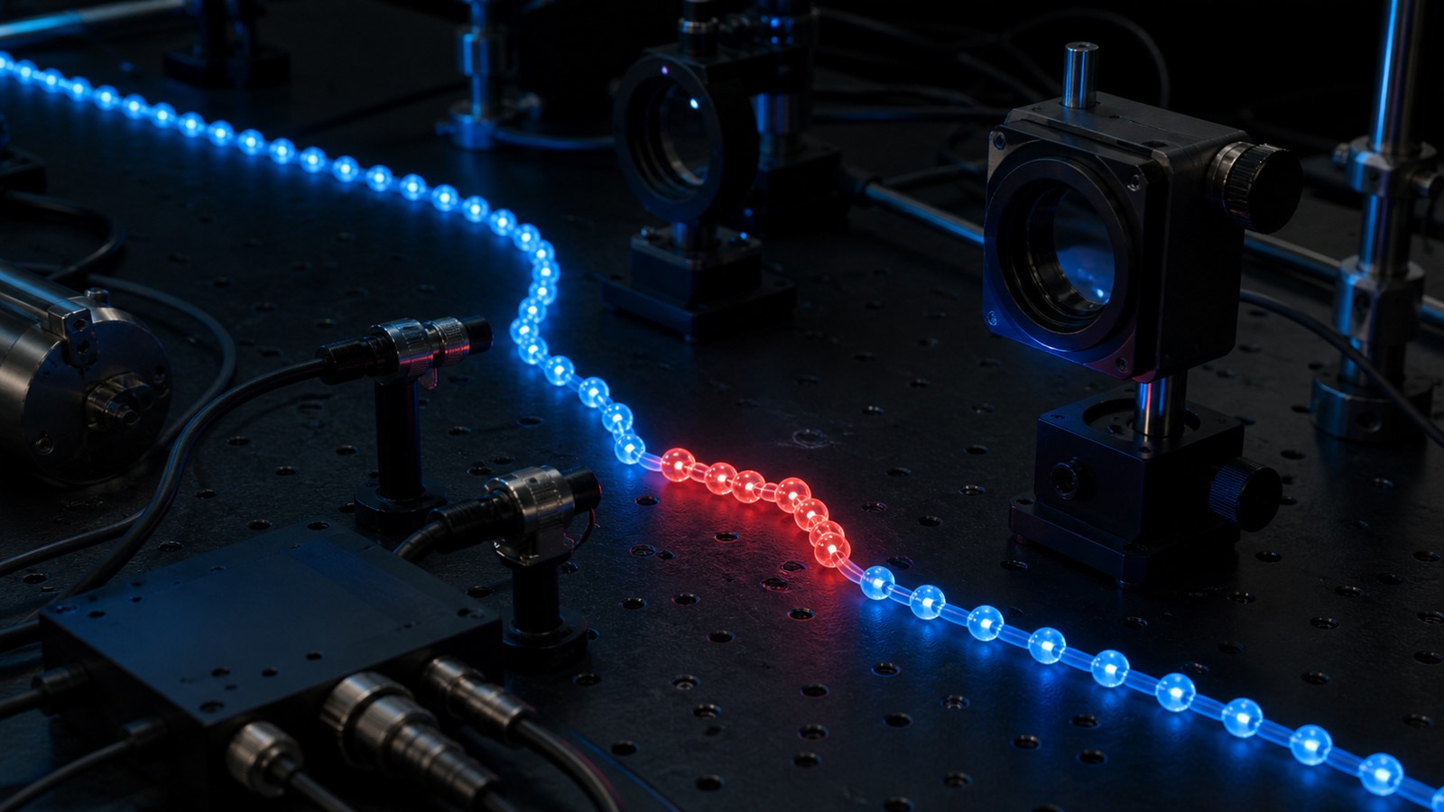 Editorial image of an orderly blue signal path with one red off-pattern cluster under inspection