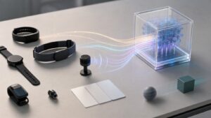 Editorial image of wearable sensors, microphone, blank cards, and motion objects feeding a transparent analysis cube