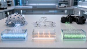 Editorial image of scalp electrodes, chest electrode pads, and muscle sensor bands feeding three glowing analysis blocks