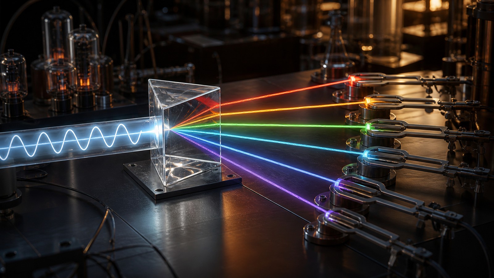 Editorial image of a glowing waveform separating into multiple colored frequency bands through a prism-like analyzer