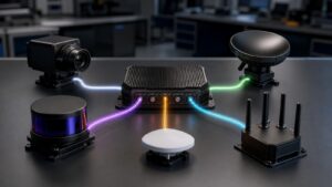 Editorial image of five unmarked sensor modules feeding colored paths into a central fusion unit