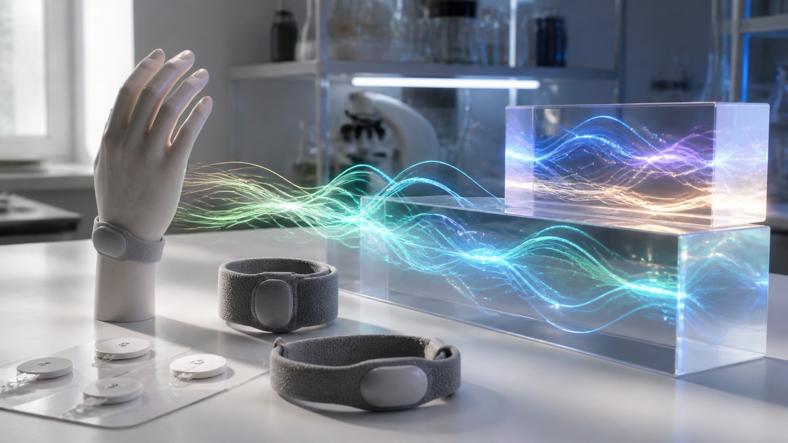 Editorial image of electrodes, wearable bands, mannequin hand, and glowing bio-signal strands entering clear blocks