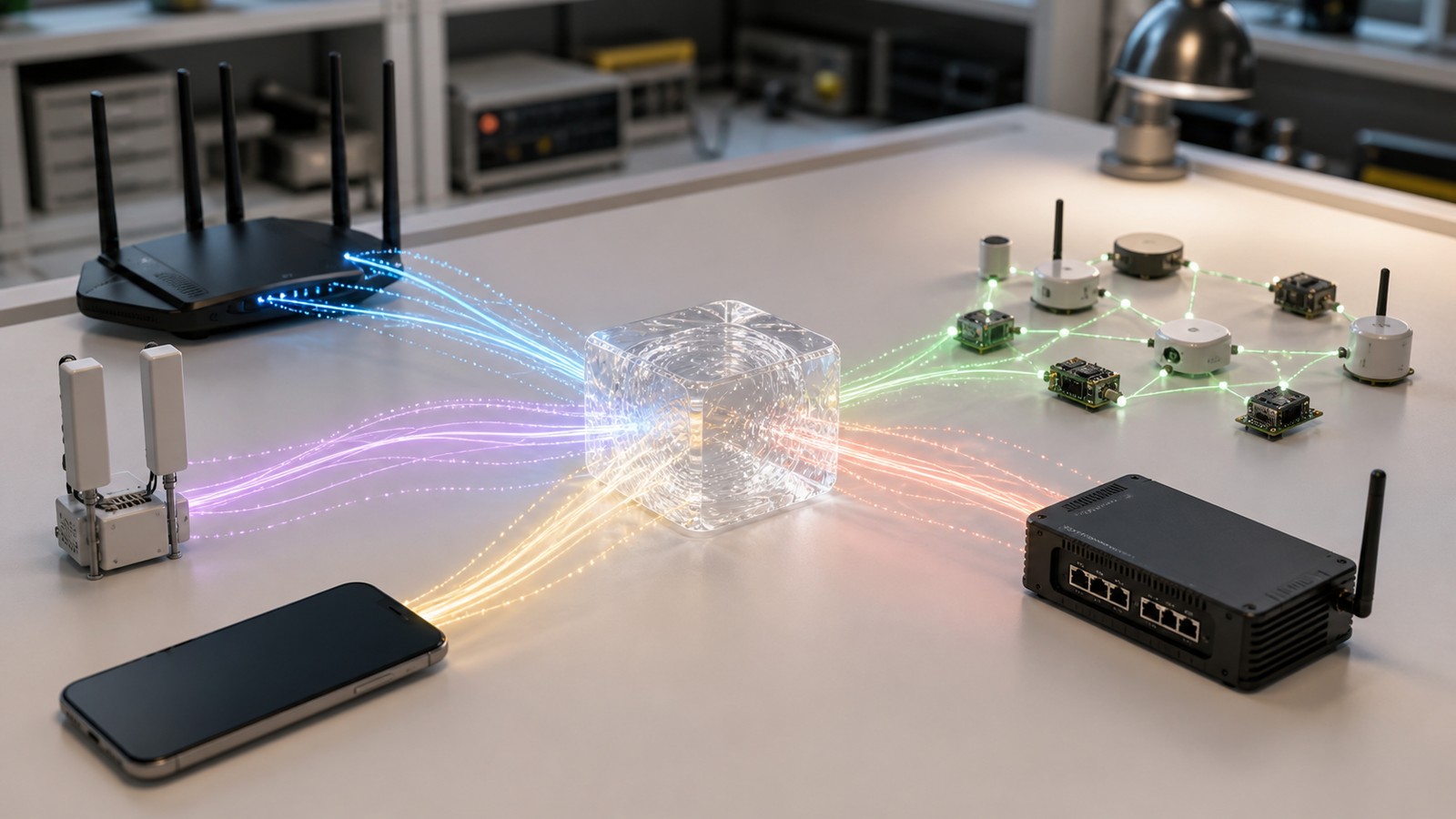 Editorial image of Wi-Fi, cellular, Bluetooth, and IoT-style devices connected through a shared channel object