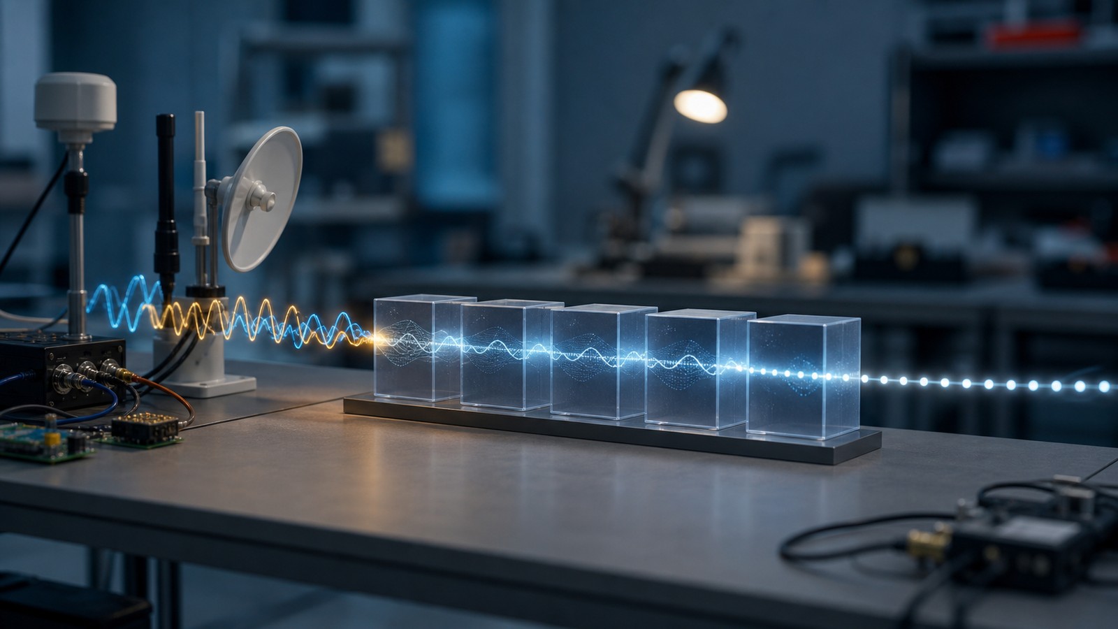 Editorial image of antenna and sensor signals passing through forecast blocks into a future signal path