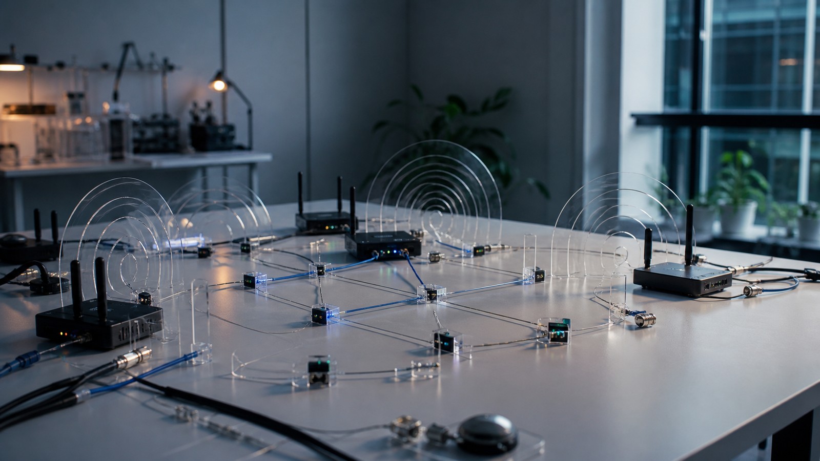 Editorial image of wireless modules and clear wave arcs arranged as a network map