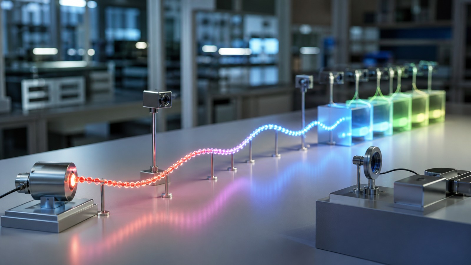 Editorial image of illuminated beads forming a signal path through time on an analytics workbench