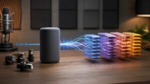Editorial image of an unmarked smart speaker with voice waveforms flowing through layered processing blocks