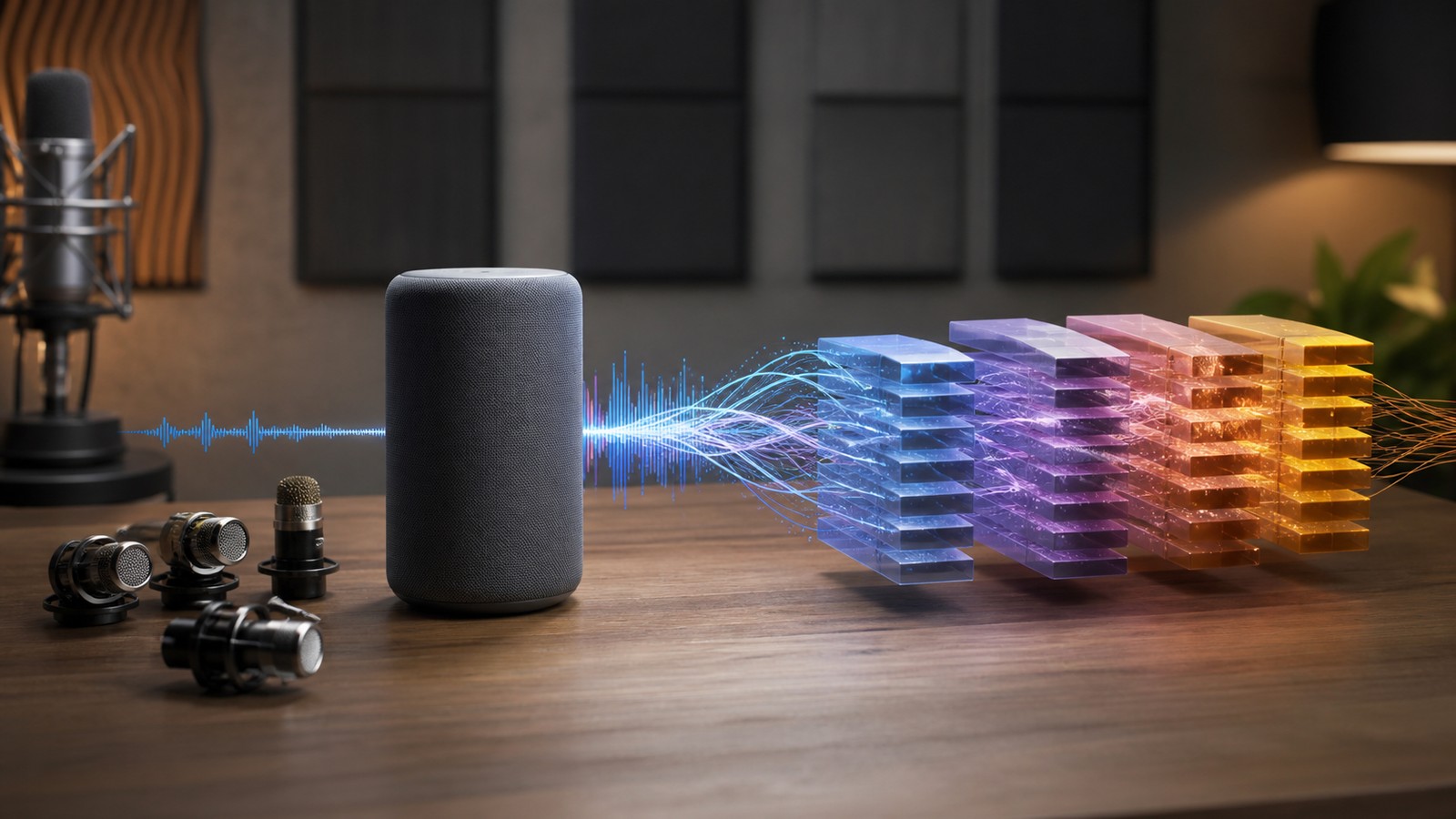 Editorial image of an unmarked smart speaker with voice waveforms flowing through layered processing blocks