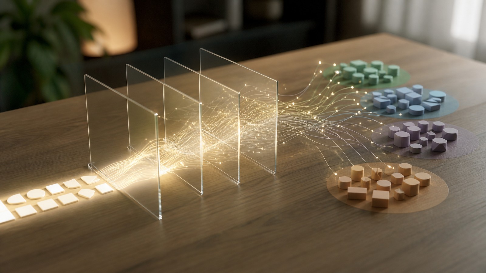 Editorial image of blank paper-like tokens flowing through transparent language processing layers