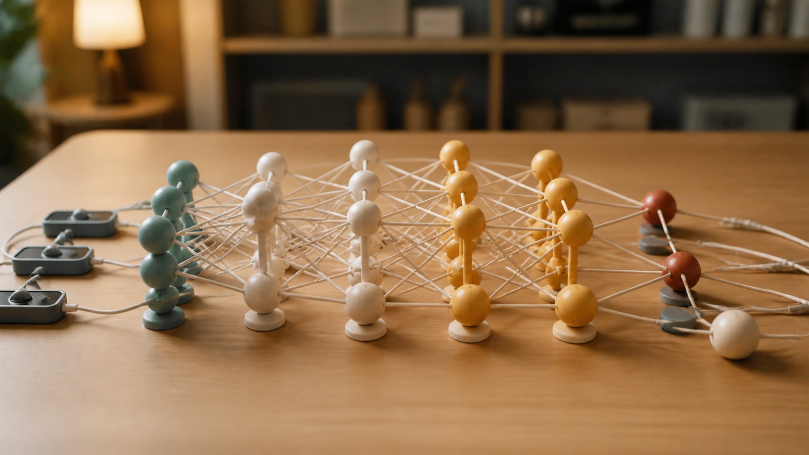 Editorial image of a physical neural network model made of connected nodes on a lab workbench