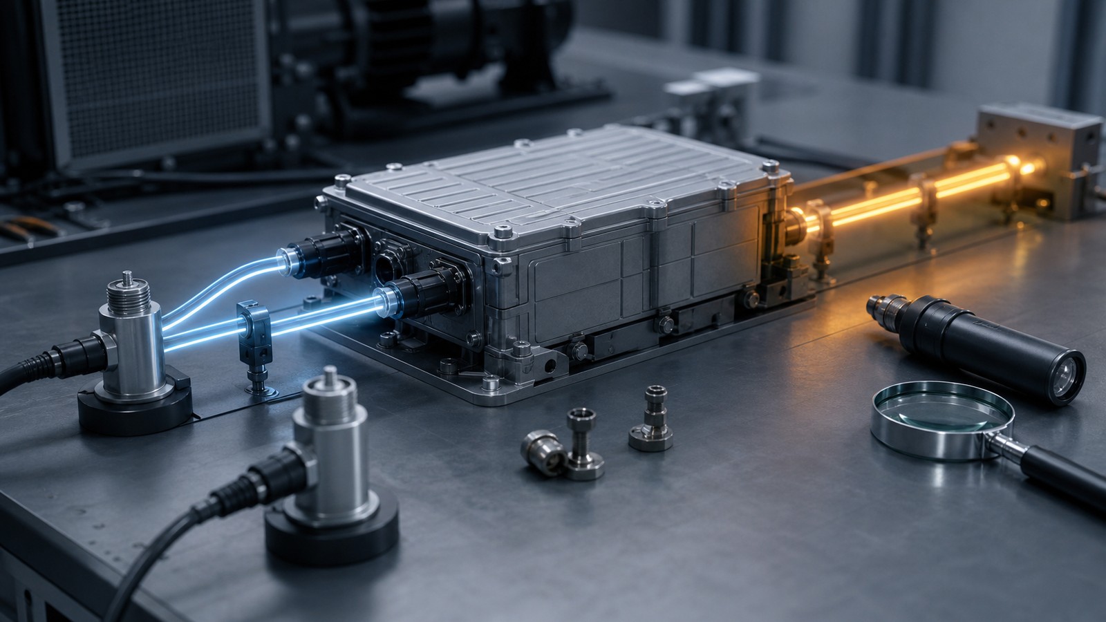 Editorial image of an equipment module with normal blue signals and an amber future fault segment