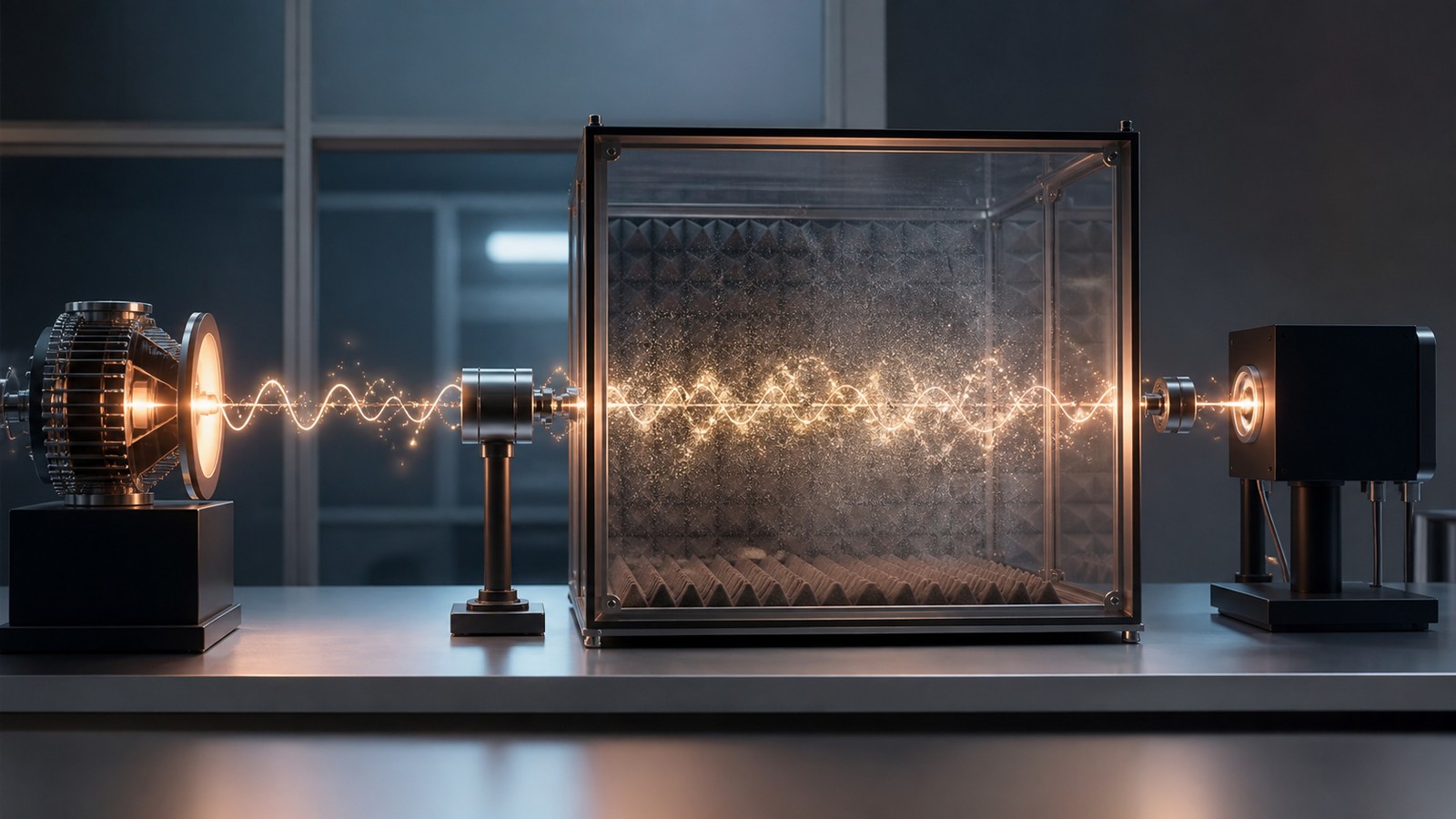 Editorial image of a message signal passing through a controlled noise chamber to a receiver module