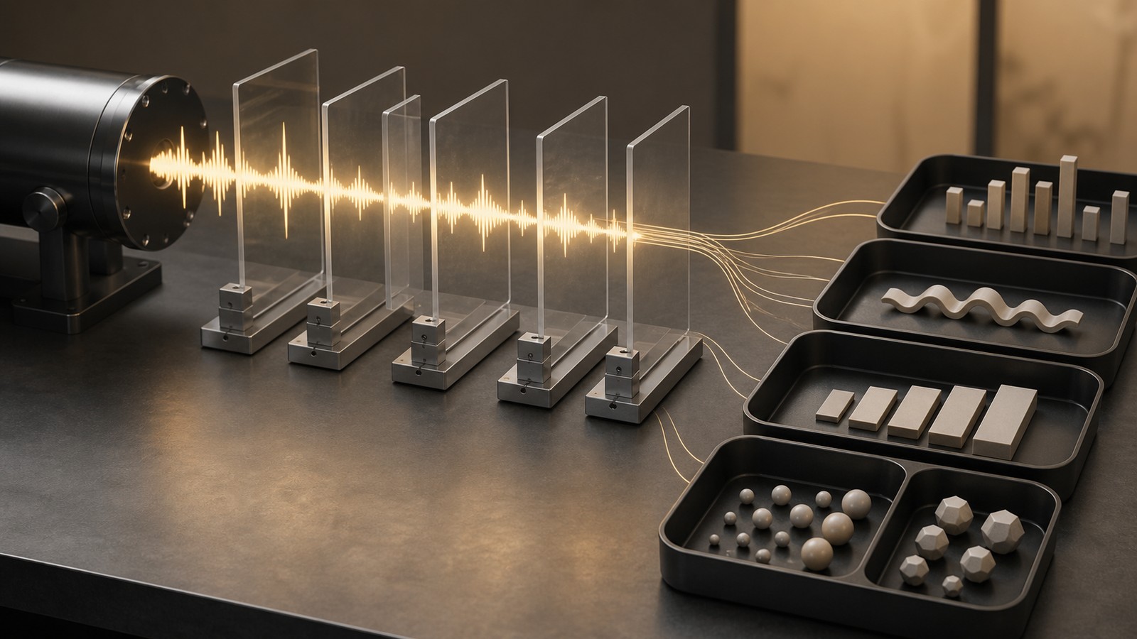 Editorial image of a waveform passing through sampling gates into trays of geometric feature objects