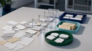 Editorial image of blank message-like cards moving through clear sorting gates into colored trays