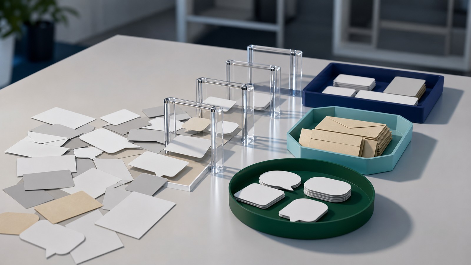 Editorial image of blank message-like cards moving through clear sorting gates into colored trays