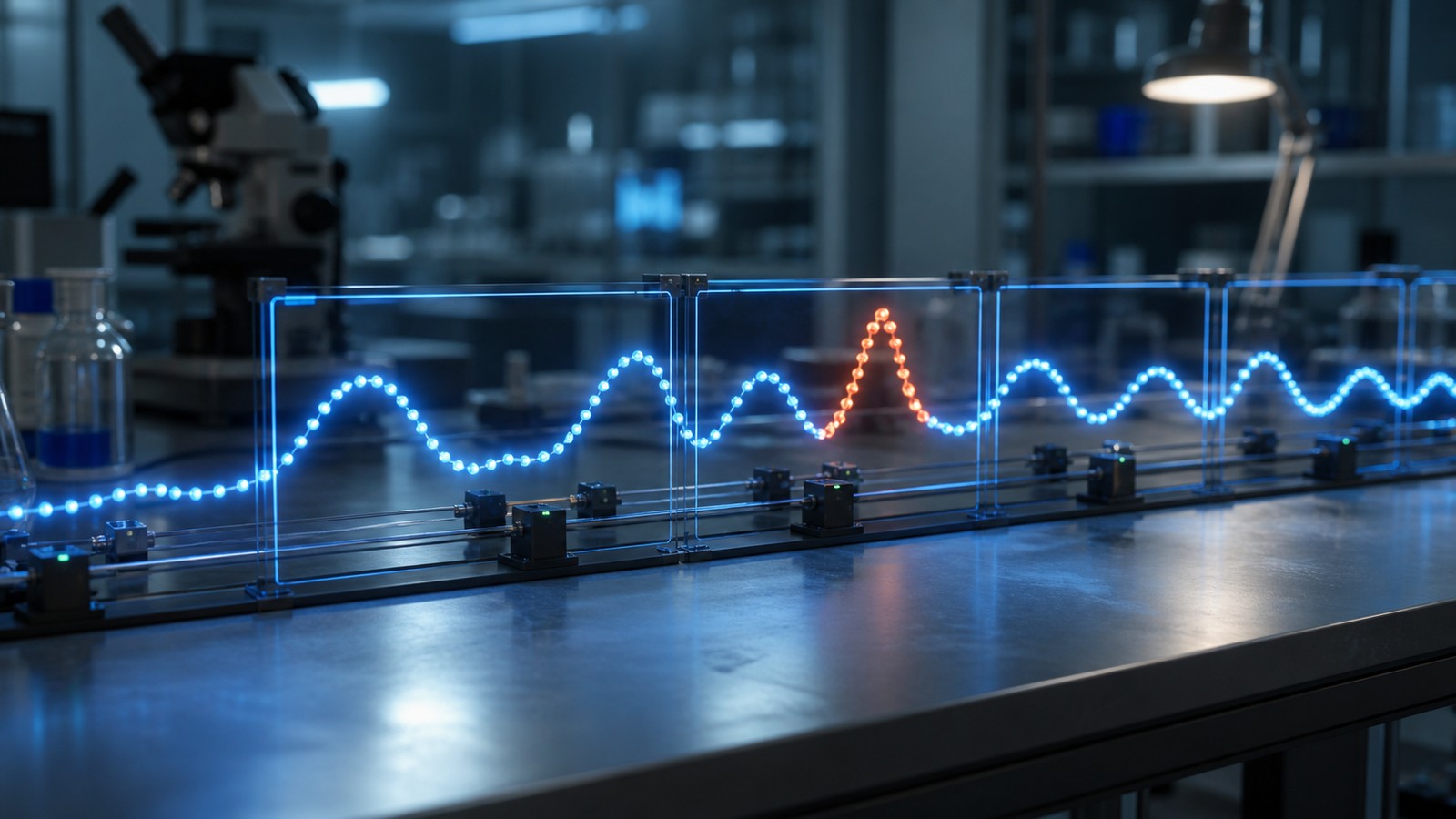 Editorial image of a glowing time-series signal path with one highlighted anomaly